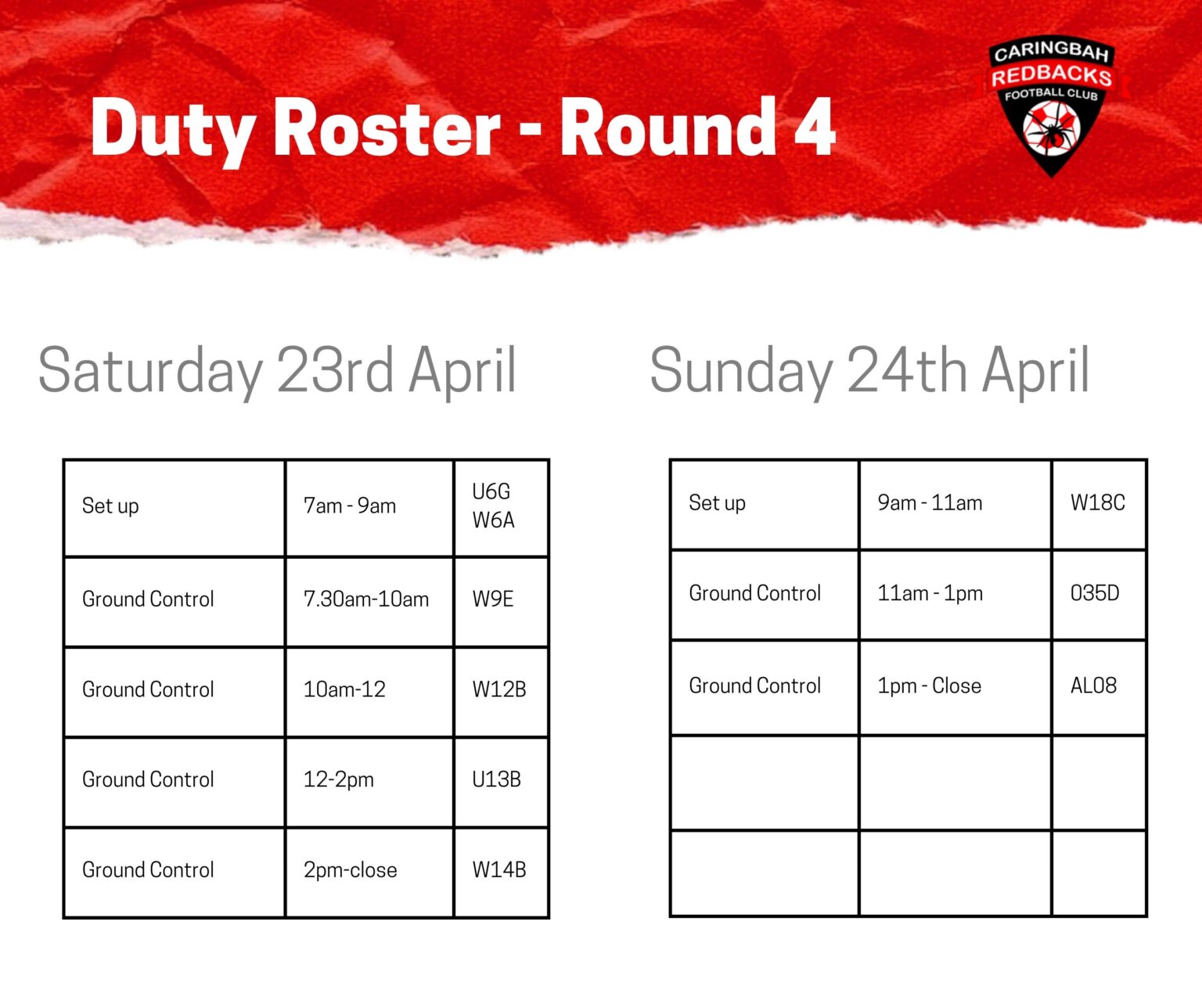 Ground Control & Duty Roster 2022 Caringbah Redbacks Football Club